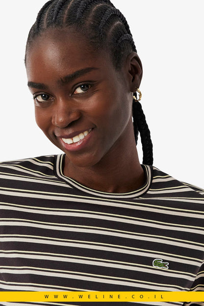 חולצת טי נשים Lacoste Long Sleeved Striped Jersey T-shirt – צבע Marron / Beige / Jaune - WELINE.CO.IL