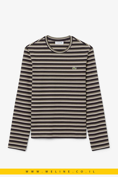 חולצת טי נשים Lacoste Long Sleeved Striped Jersey T-shirt – צבע Marron / Beige / Jaune - WELINE.CO.IL