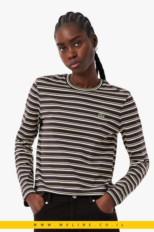 חולצת טי נשים Lacoste Long Sleeved Striped Jersey T-shirt – צבע Marron / Beige / Jaune - WELINE.CO.IL