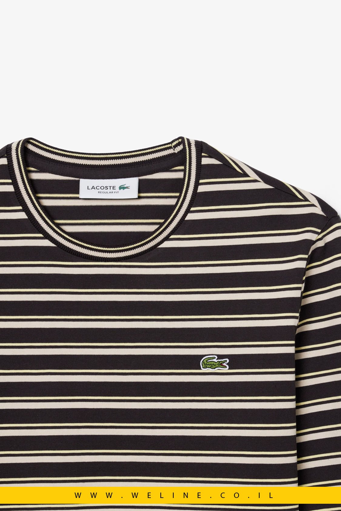 חולצת טי נשים Lacoste Long Sleeved Striped Jersey T-shirt – צבע Marron / Beige / Jaune - WELINE.CO.IL