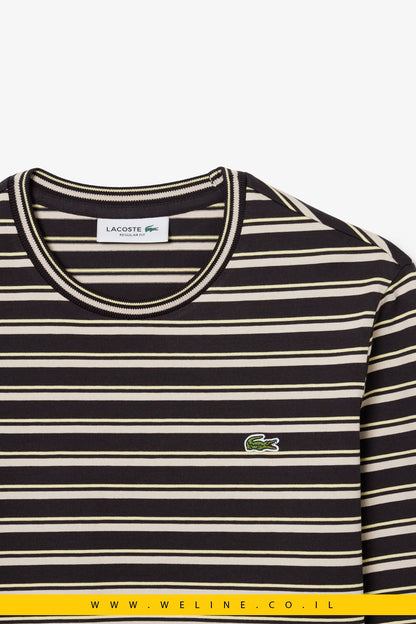 חולצת טי נשים Lacoste Long Sleeved Striped Jersey T-shirt – צבע Marron / Beige / Jaune - WELINE.CO.IL