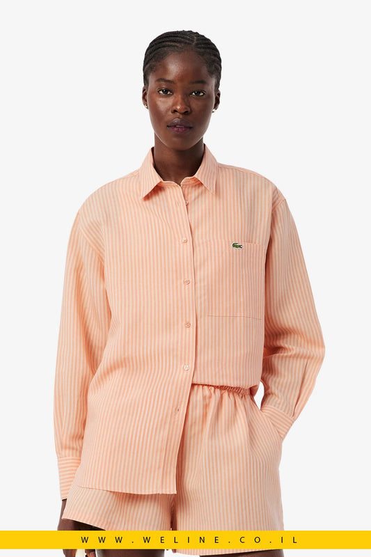חולצת נשים Lacoste Oversized Linen Blend Shirt – צבע Rose / Orange - WELINE.CO.IL