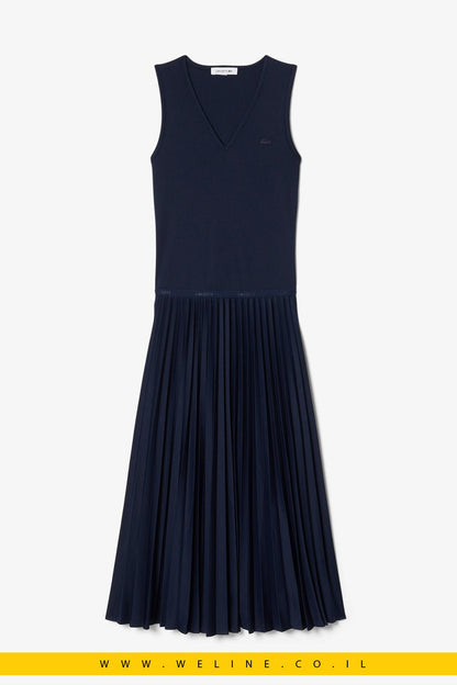 שמלת מקסי נשים Lacoste Pleated Sleeveless – צבע כחול כהה (Midnight Blue) - WELINE.CO.IL