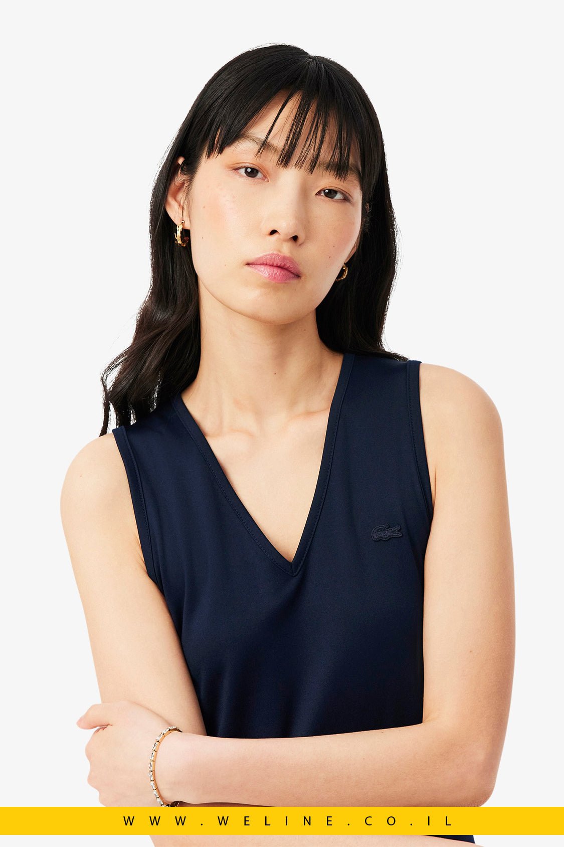 שמלת מקסי נשים Lacoste Pleated Sleeveless – צבע כחול כהה (Midnight Blue) - WELINE.CO.IL