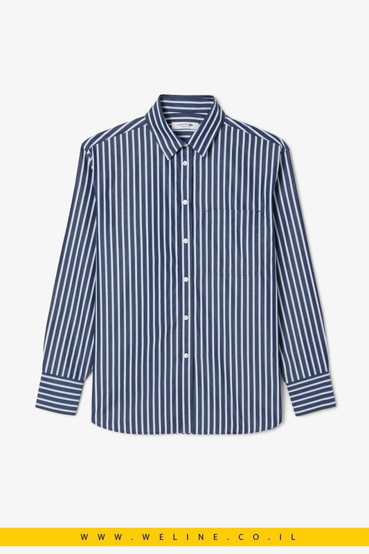 חולצת נשים Lacoste Poplin Oversized – כותנה כחולה - WELINE.CO.IL