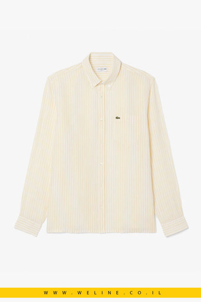 חולצת פשתן גברים Lacoste Regular Fit Striped Linen Shirt – צבע צהוב - WELINE.CO.IL