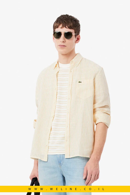 חולצת פשתן גברים Lacoste Regular Fit Striped Linen Shirt – צבע צהוב - WELINE.CO.IL