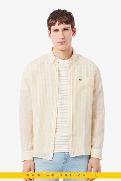 חולצת פשתן גברים Lacoste Regular Fit Striped Linen Shirt – צבע צהוב - WELINE.CO.IL