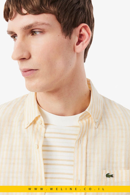 חולצת פשתן גברים Lacoste Regular Fit Striped Linen Shirt – צבע צהוב - WELINE.CO.IL