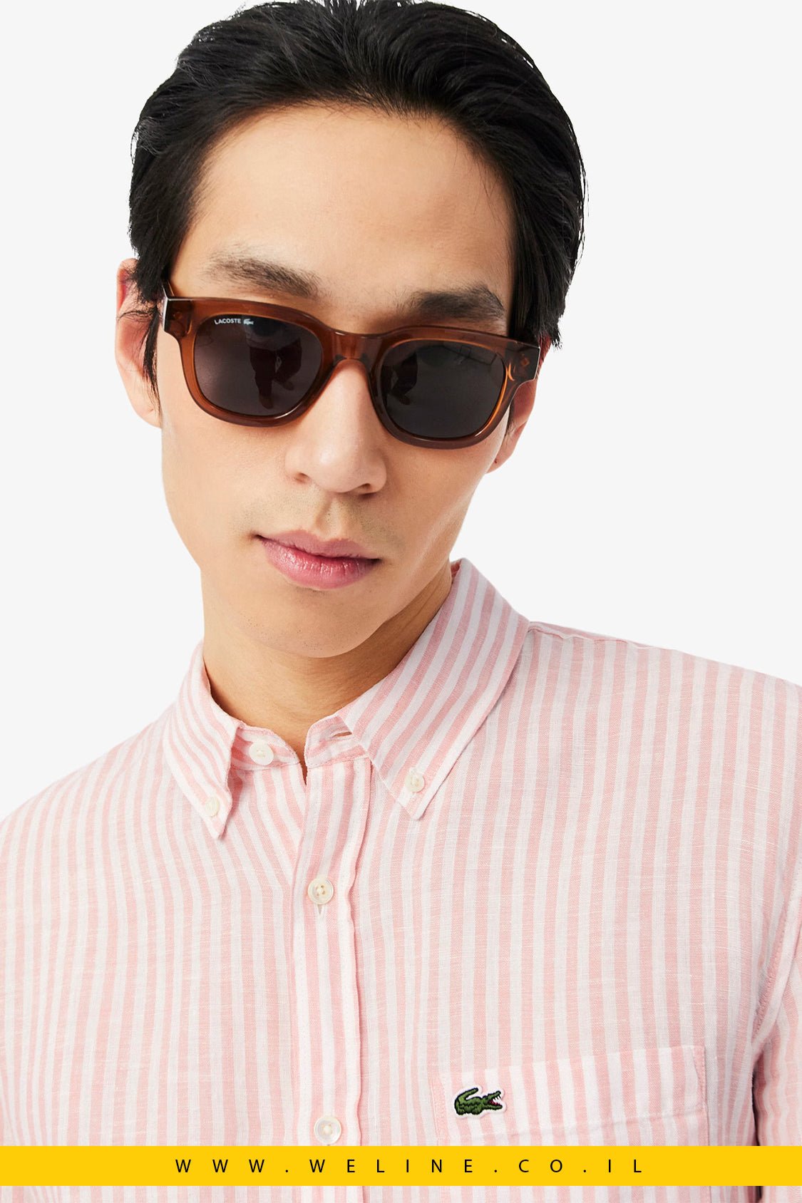 חולצת פשתן גברים Lacoste Regular Fit Striped Linen Shirt – צבע Rose / Blanc - WELINE.CO.IL