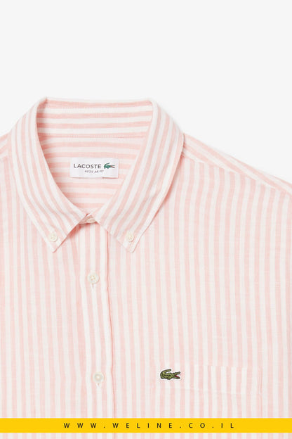 חולצת פשתן גברים Lacoste Regular Fit Striped Linen Shirt – צבע Rose / Blanc - WELINE.CO.IL