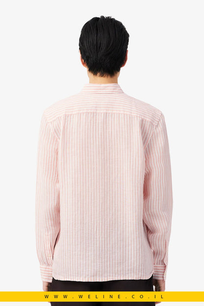 חולצת פשתן גברים Lacoste Regular Fit Striped Linen Shirt – צבע Rose / Blanc - WELINE.CO.IL