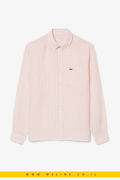 חולצת פשתן גברים Lacoste Regular Fit Striped Linen Shirt – צבע Rose / Blanc - WELINE.CO.IL