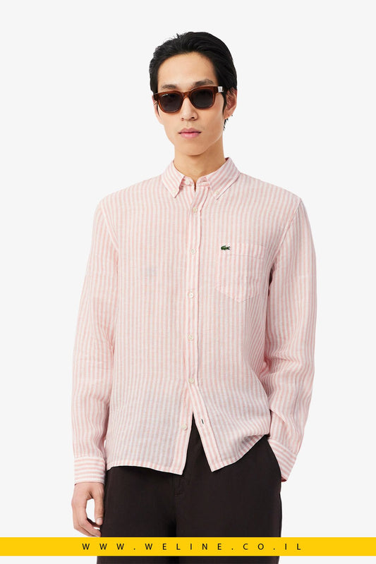 חולצת פשתן גברים Lacoste Regular Fit Striped Linen Shirt – צבע Rose / Blanc - WELINE.CO.IL