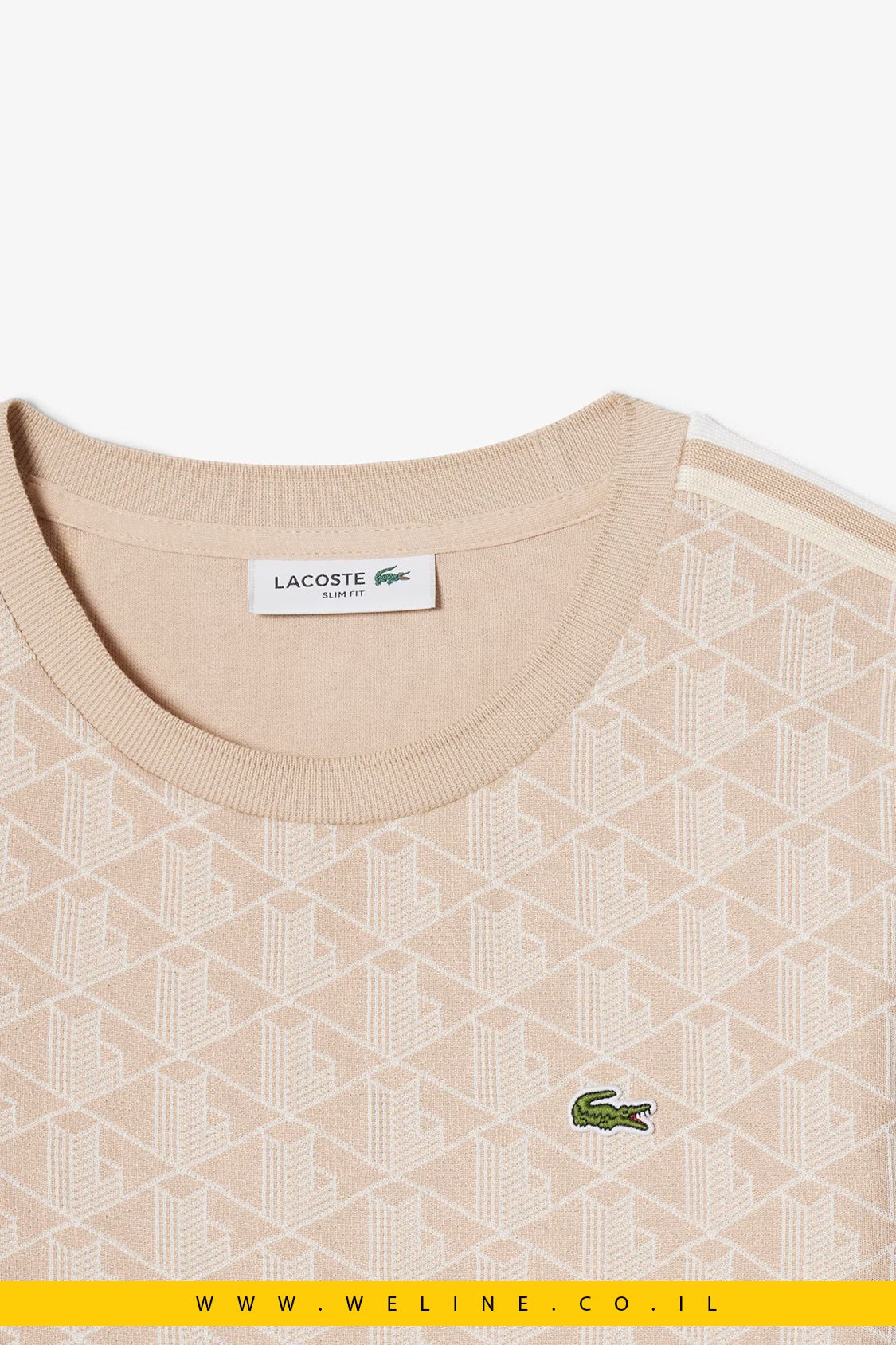 חולצת טי נשים Lacoste Slim Fit Monogram – צבע בז' / לבן - WELINE.CO.IL