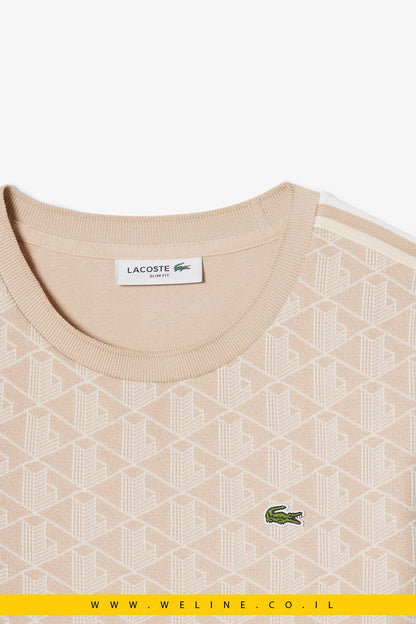 חולצת טי נשים Lacoste Slim Fit Monogram – צבע בז' / לבן - WELINE.CO.IL
