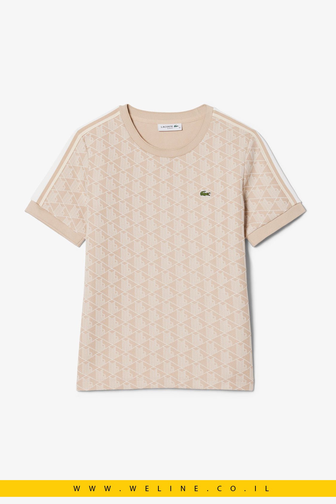 חולצת טי נשים Lacoste Slim Fit Monogram – צבע בז' / לבן - WELINE.CO.IL