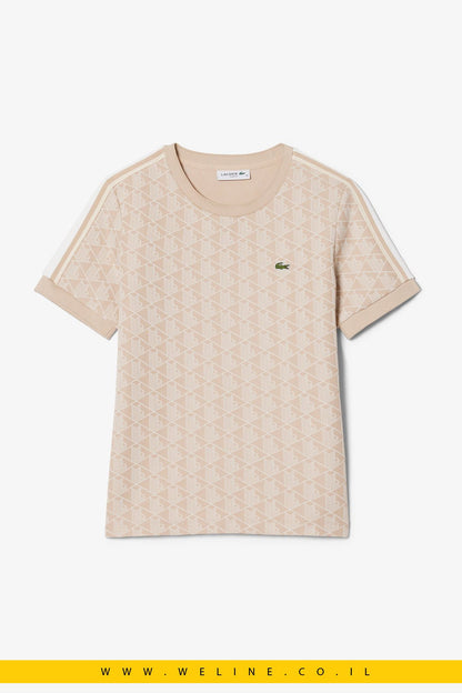 חולצת טי נשים Lacoste Slim Fit Monogram – צבע בז' / לבן - WELINE.CO.IL