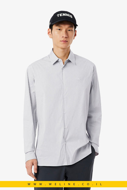 חולצת Lacoste Slim Fit Striped Stretch Poplin – צבע Blanc / Gris / Noir - WELINE.CO.IL
