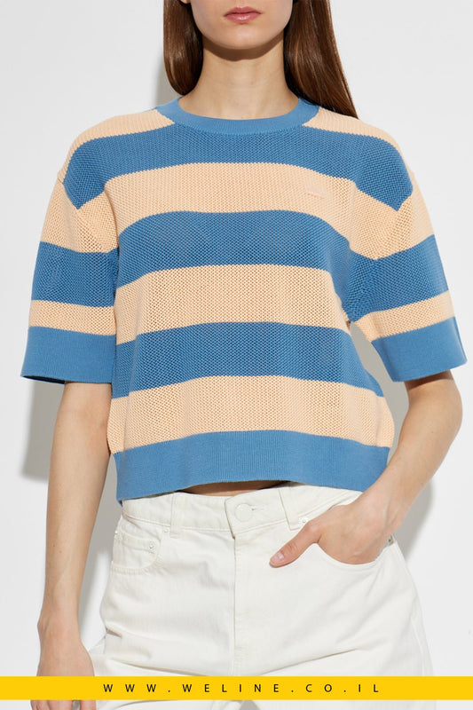 טי - שירט סריג Mesh מפוספסת Oversize – Lacoste AF9859 - 00 Bleu / Rose Pale - WELINE.CO.IL