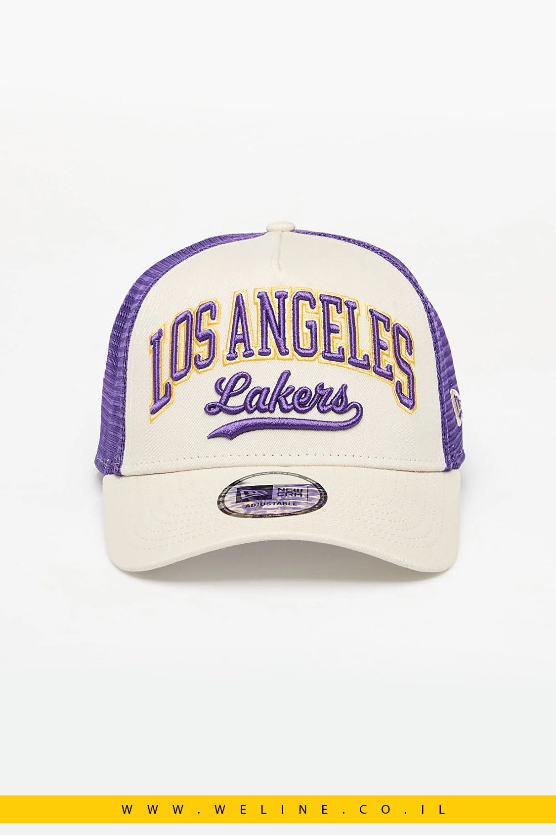 כובע רשת New Era Los Angeles Lakers NBA Script 9FORTY E - Frame Trucker – קרם/בז׳ | Snapback מתכוונן - WELINE.CO.IL