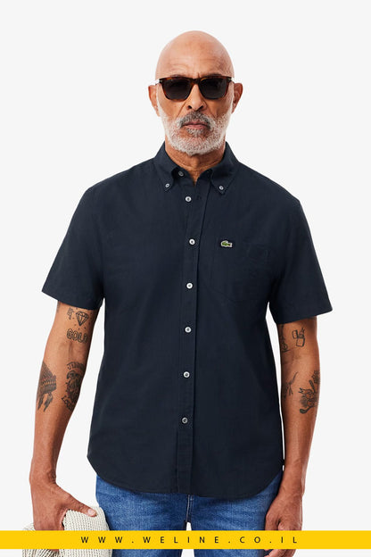 חולצת Oxford קצרה לגברים Lacoste Regular Fit – צבע כחול נייבי - WELINE.CO.IL