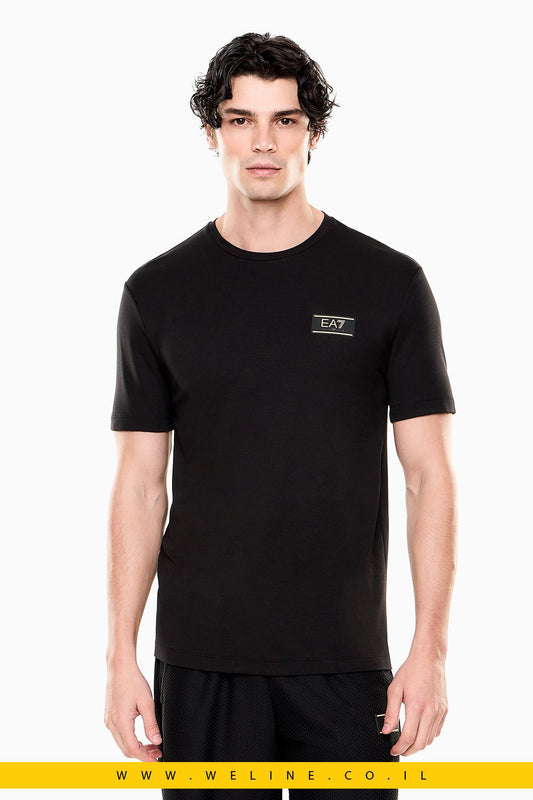 Premium Label Stretch Viscose - Blend Crew - Neck T-Shirt EA7 – צבע שחור חולצת טי איכותית בגזרת Regular Fit בעיצוב קלאסי עם צווארון עגול - WELINE.CO.IL
