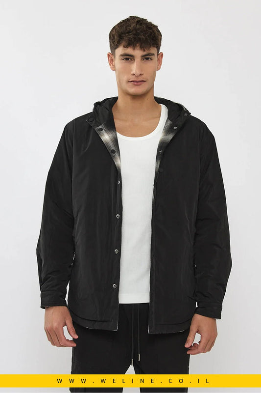 ג'קט דו - צדדית לגברים משובצת בצבע שחור ולבן עם קפוצ'ון - WELINE.CO.IL