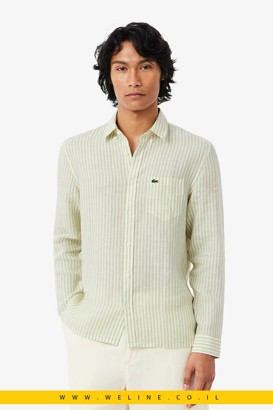 חולצת פשתן פסים לגברים Regular Fit – Lacoste Vert / Blanc - WELINE.CO.IL