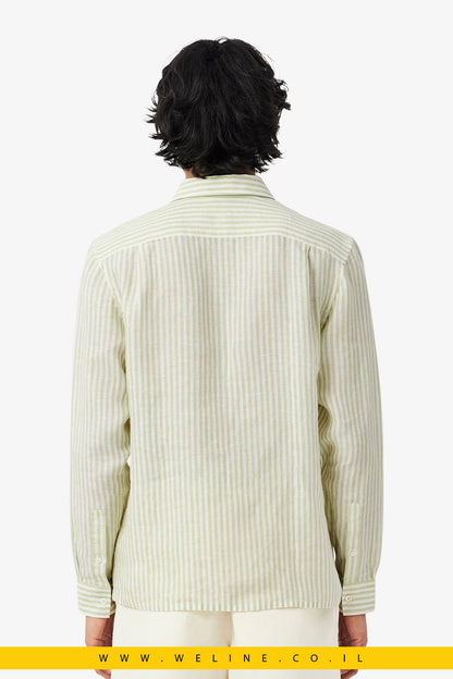 חולצת פשתן פסים לגברים Regular Fit – Lacoste Vert / Blanc - WELINE.CO.IL