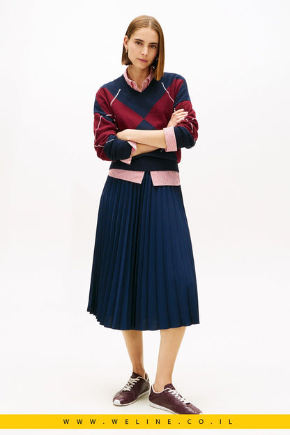 חצאית מידי קפלים אלגנטית כחול כהה Tommy Hilfiger - WELINE.CO.IL