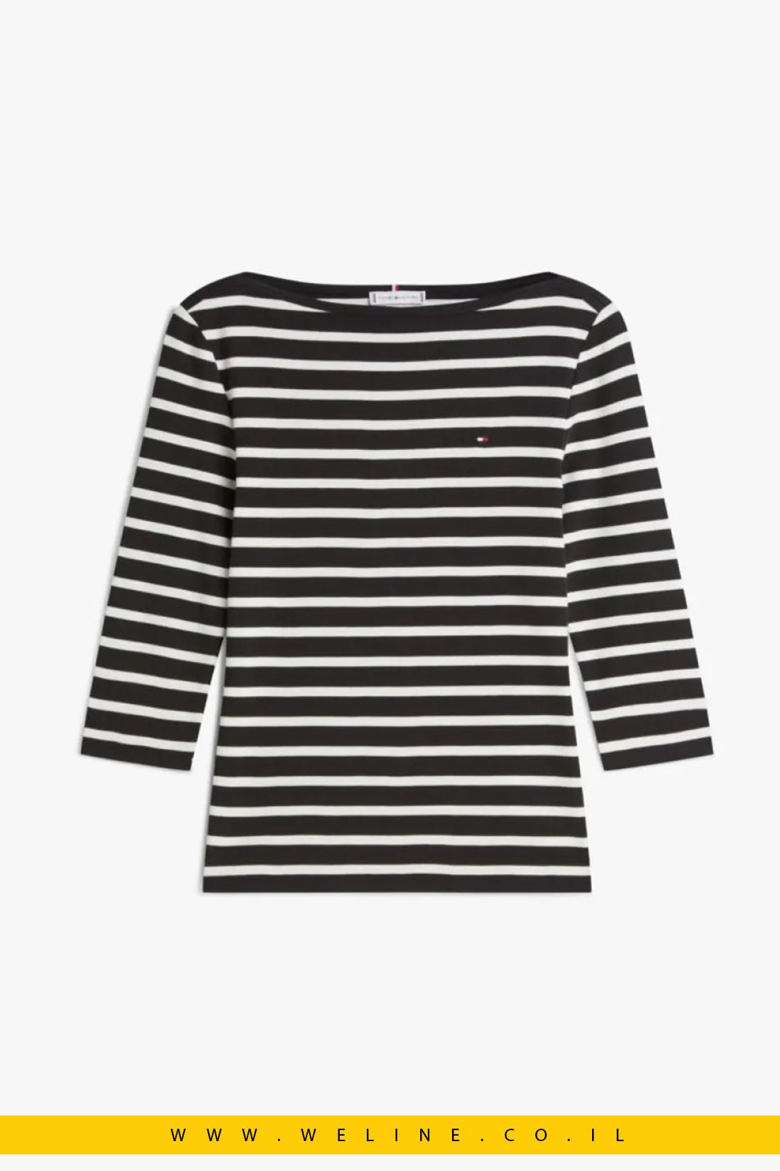 חולצת טי נשית ומחמיאה מבית Tommy Hilfiger בעיצוב פסים Black / Ecru קלאסי. - WELINE.CO.IL
