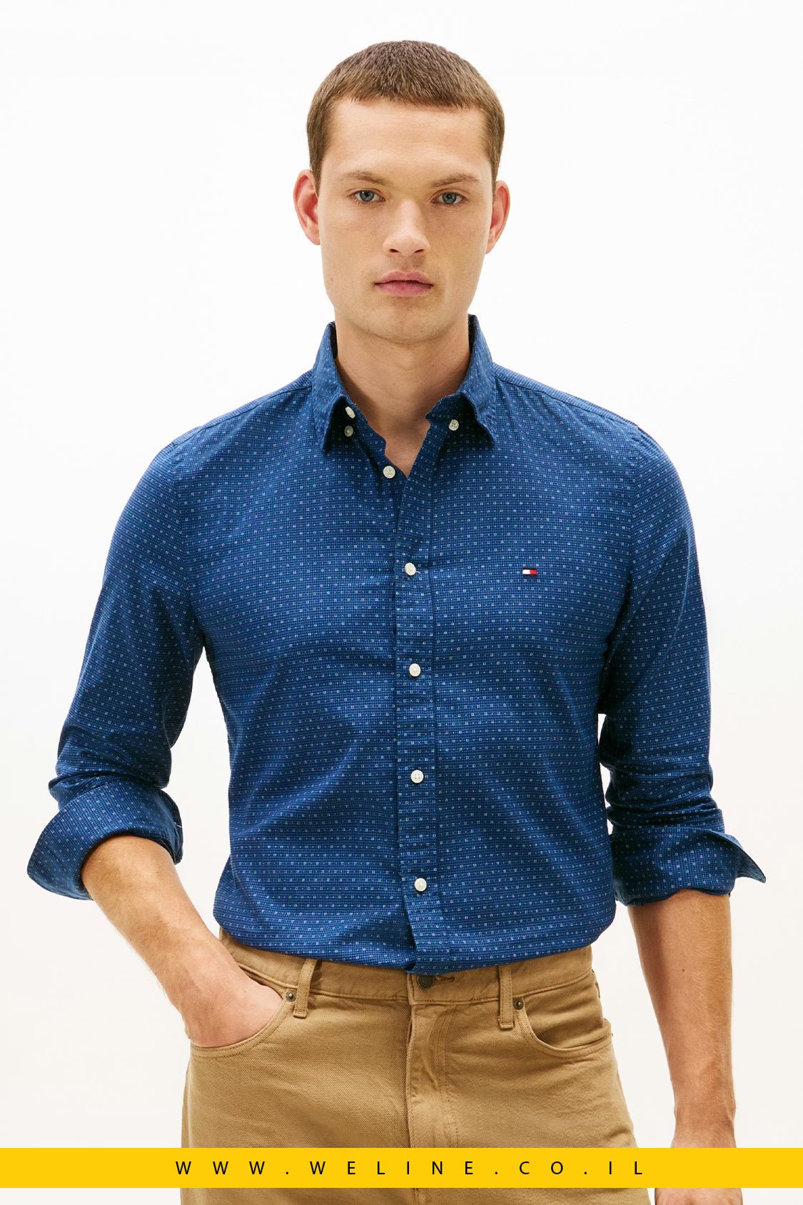 Tommy Hilfiger Flex Poplin Print Shirt לגברים – חולצה מכופתרת Slim Fit בצבע AEGEAN SEA - WELINE.CO.IL