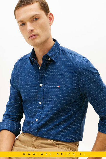 Tommy Hilfiger Flex Poplin Print Shirt לגברים – חולצה מכופתרת Slim Fit בצבע AEGEAN SEA - WELINE.CO.IL