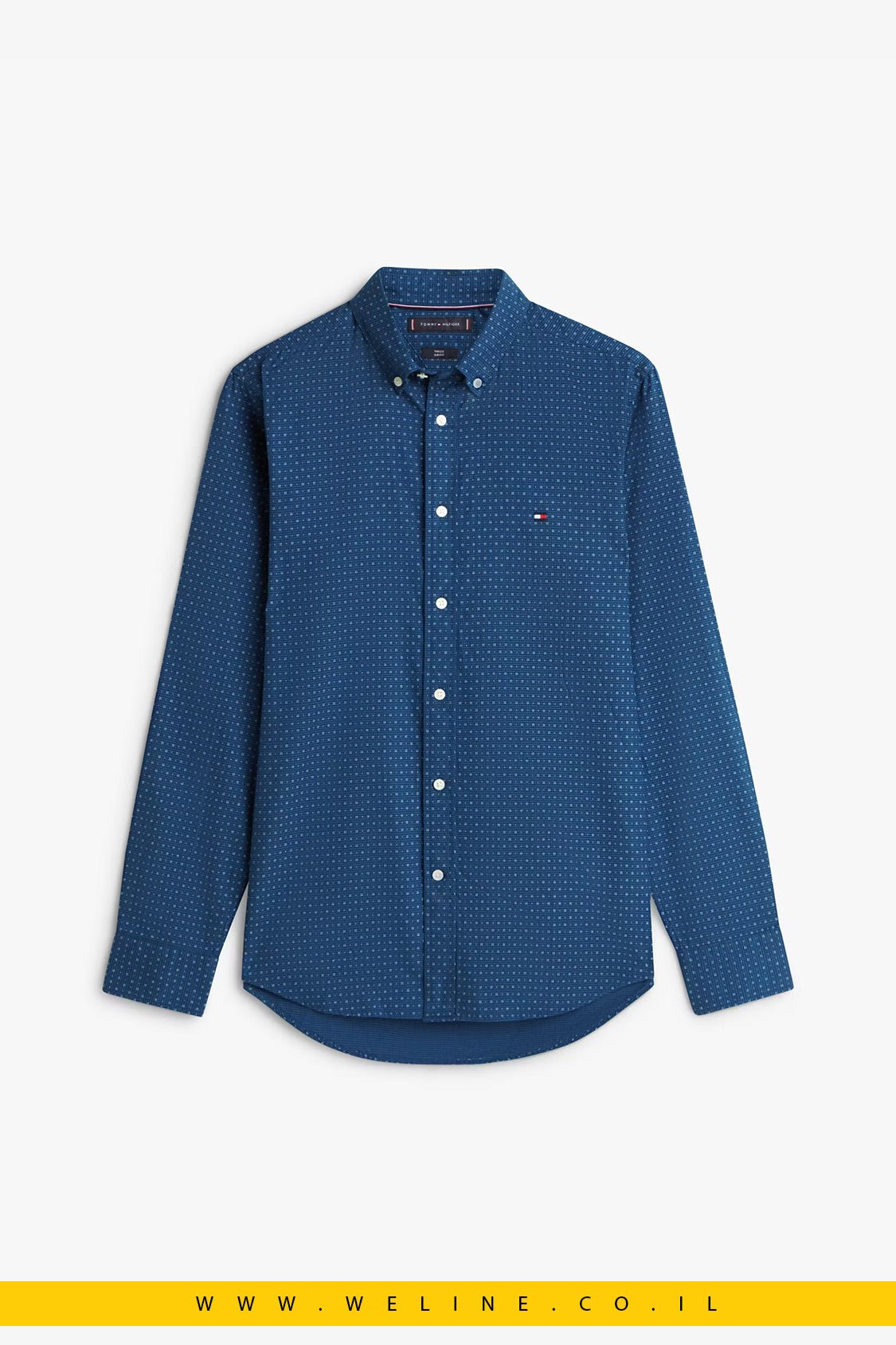 Tommy Hilfiger Flex Poplin Print Shirt לגברים – חולצה מכופתרת Slim Fit בצבע AEGEAN SEA - WELINE.CO.IL