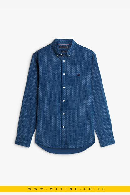 Tommy Hilfiger Flex Poplin Print Shirt לגברים – חולצה מכופתרת Slim Fit בצבע AEGEAN SEA - WELINE.CO.IL