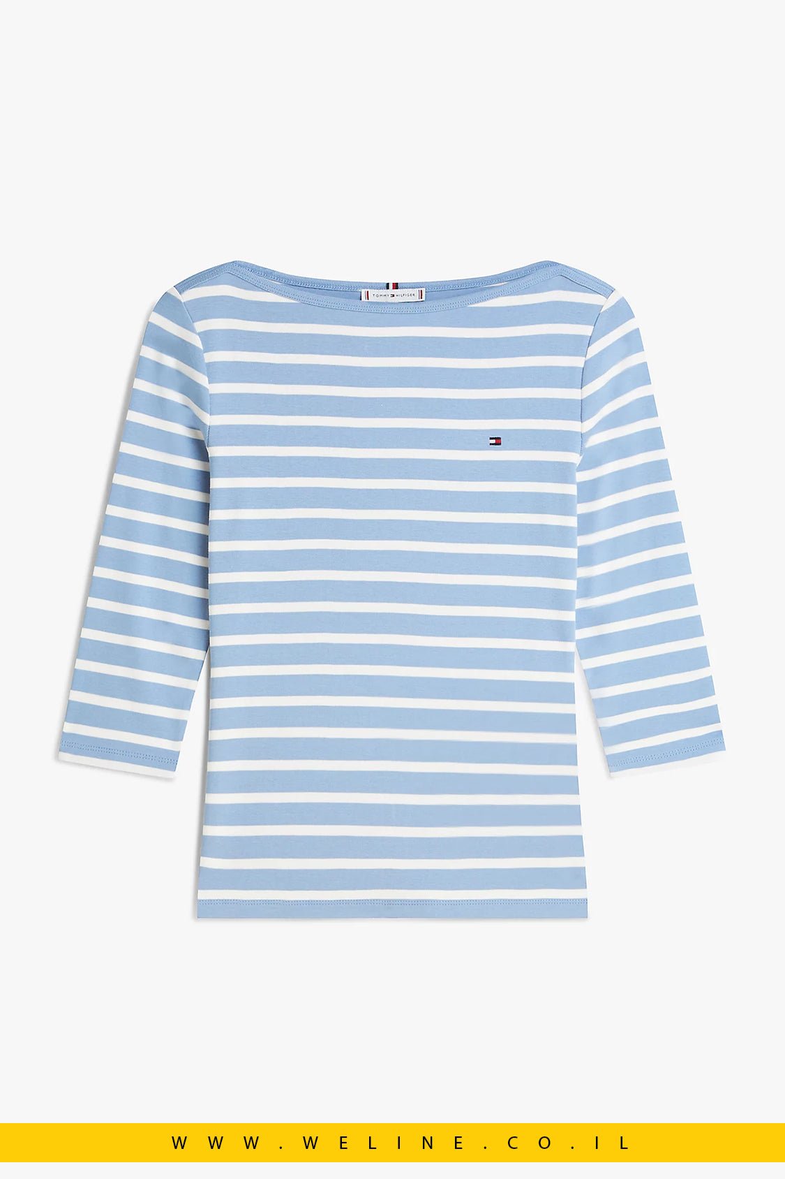 חולצת טי נשית ומעודנת מבית Tommy Hilfiger בגזרת Slim Fit צבע מים צלולים / פס אקרו - WELINE.CO.IL