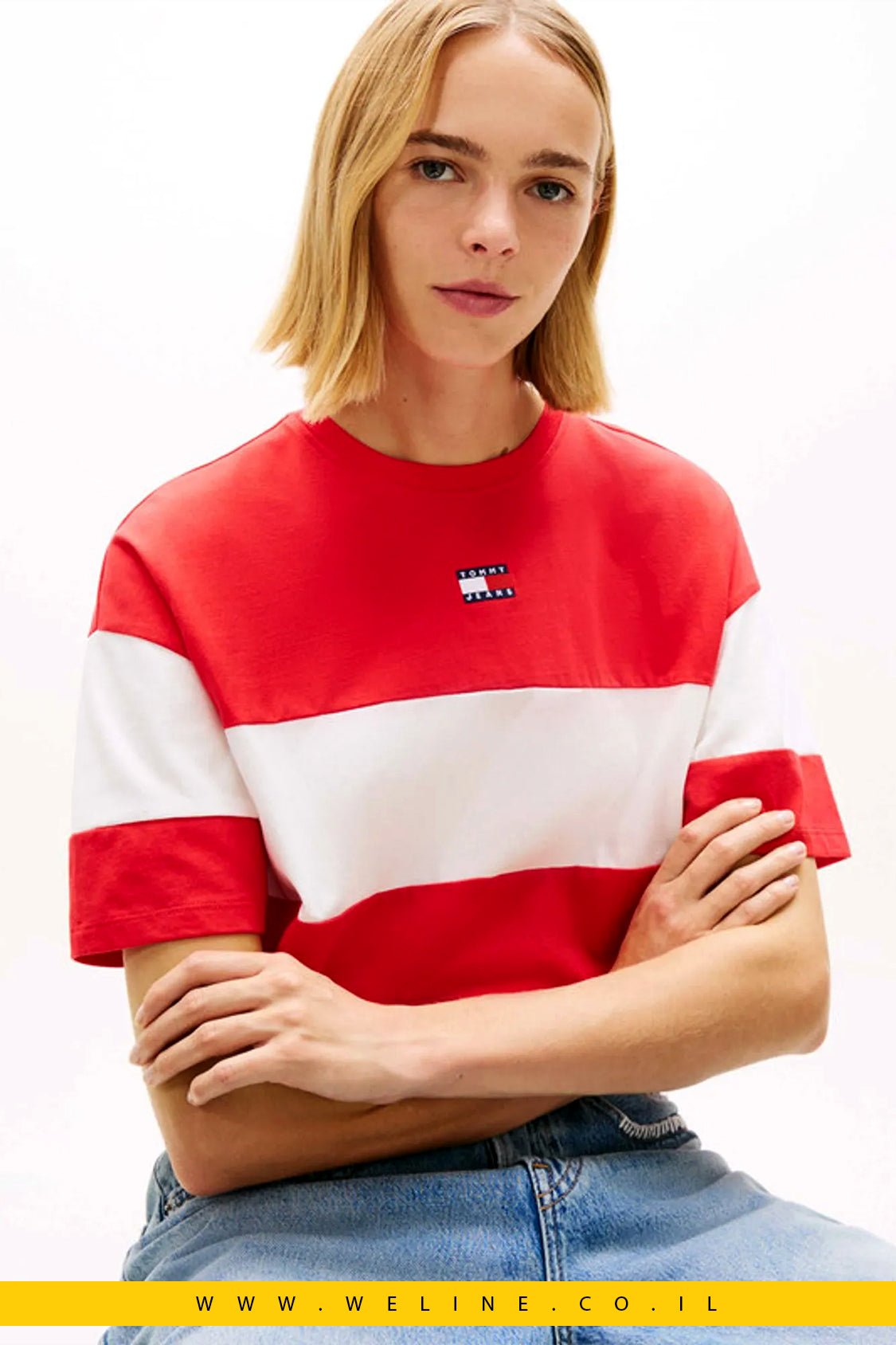 חולצת טי נשים Tommy Jeans Cropped Colour - Blocked – גזרת קרופ - WELINE.CO.IL