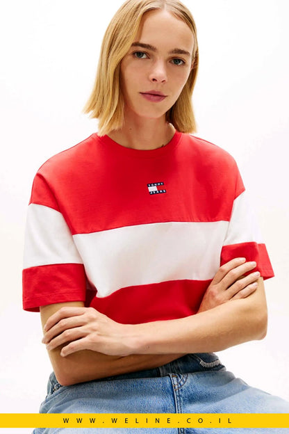 חולצת טי נשים Tommy Jeans Cropped Colour - Blocked – גזרת קרופ - WELINE.CO.IL