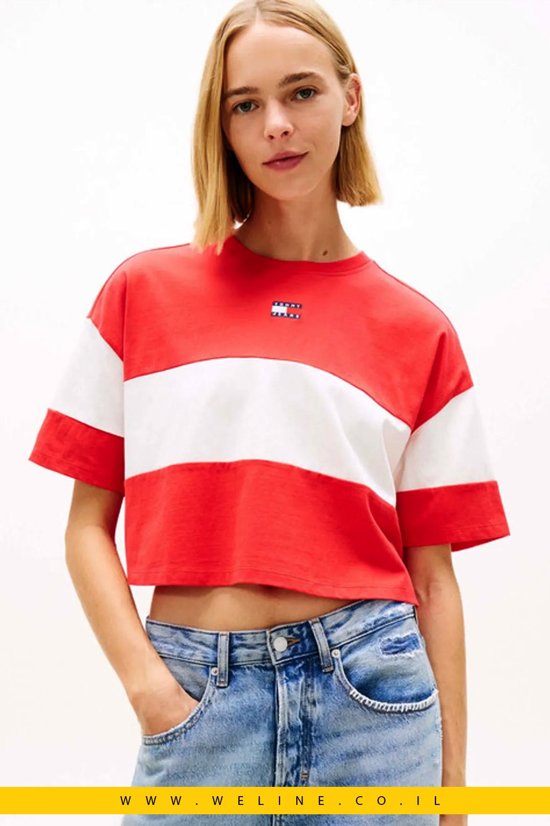חולצת טי נשים Tommy Jeans Cropped Colour - Blocked – גזרת קרופ - WELINE.CO.IL