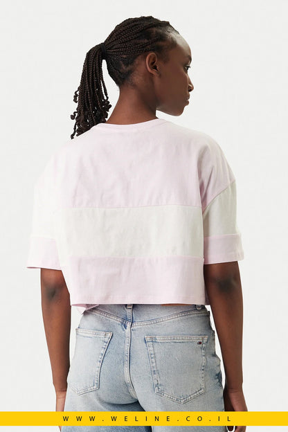 חולצת טי נשים Tommy Jeans Cropped Colour - Blocked Oversize – צבע ורוד Pearly Pink - WELINE.CO.IL