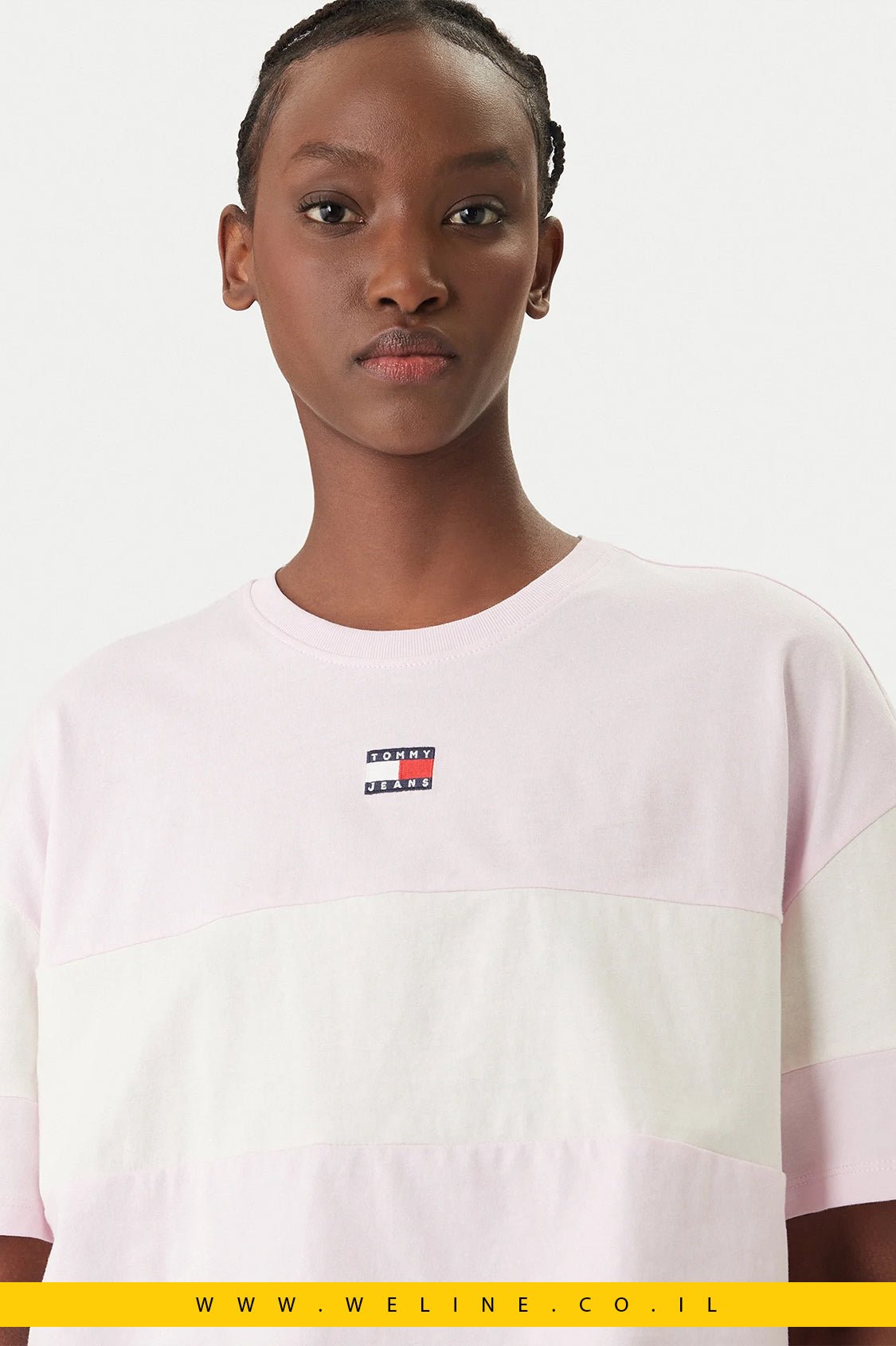 חולצת טי נשים Tommy Jeans Cropped Colour - Blocked Oversize – צבע ורוד Pearly Pink - WELINE.CO.IL