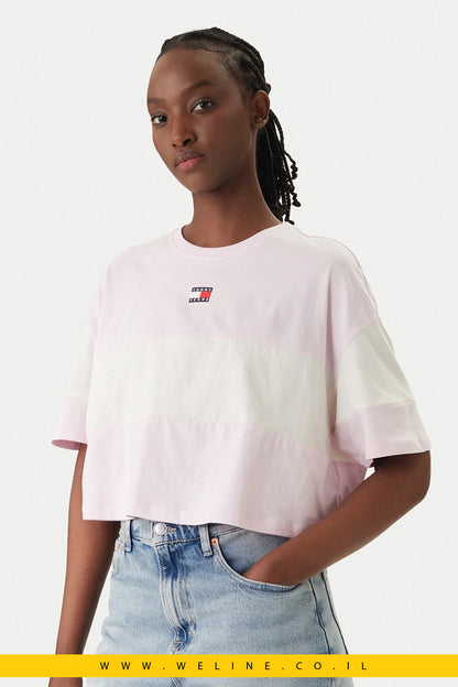 חולצת טי נשים Tommy Jeans Cropped Colour - Blocked Oversize – צבע ורוד Pearly Pink - WELINE.CO.IL