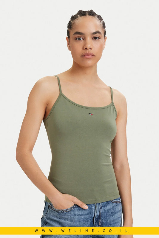 גופיית נשים Tommy Jeans Essential Slim Fit – צבע ירוק Bay Leaf - WELINE.CO.IL