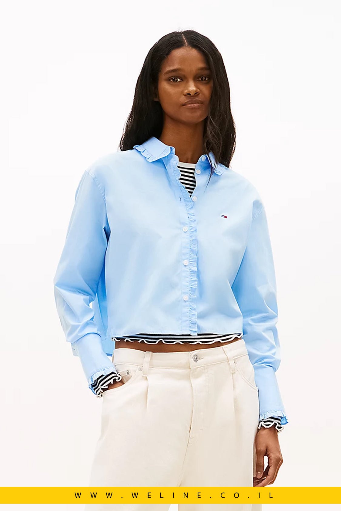 חולצת נשים Tommy Jeans Relaxed Fit Ruffle Poplin – צבע תכלת בהיר - WELINE.CO.IL