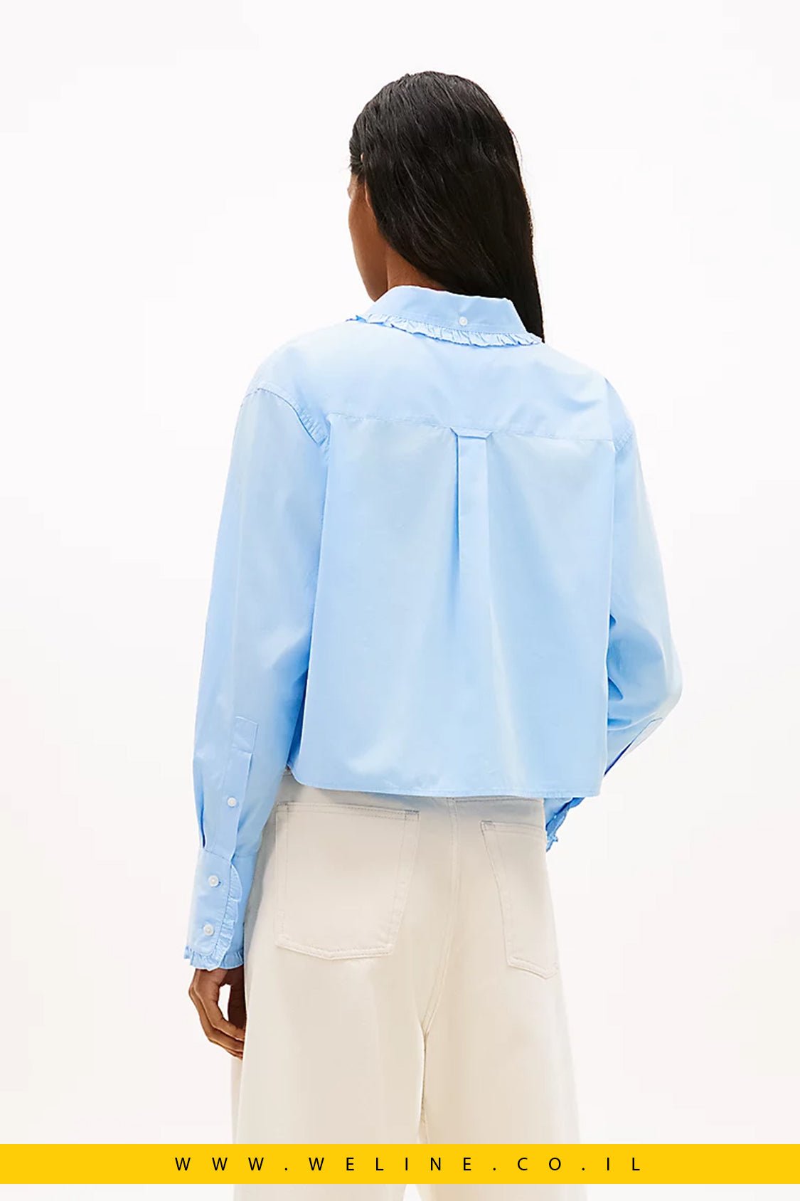 חולצת נשים Tommy Jeans Relaxed Fit Ruffle Poplin – צבע תכלת בהיר - WELINE.CO.IL
