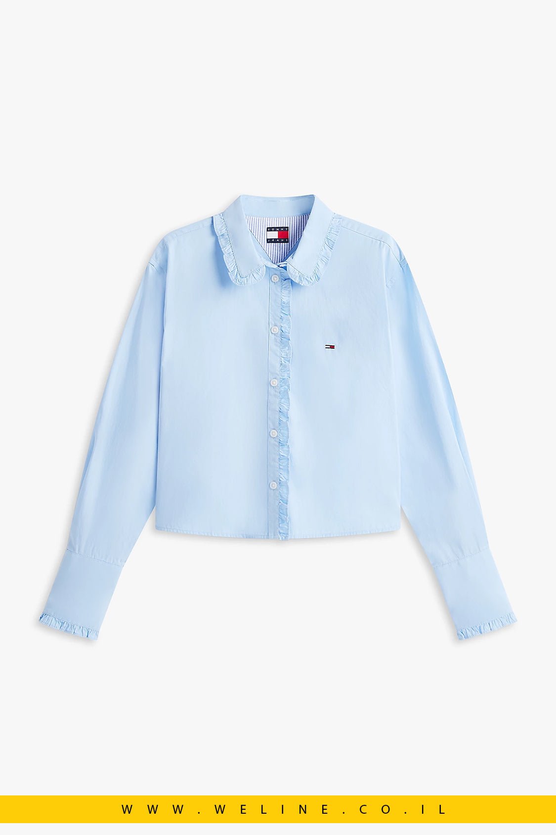 חולצת נשים Tommy Jeans Relaxed Fit Ruffle Poplin – צבע תכלת בהיר - WELINE.CO.IL