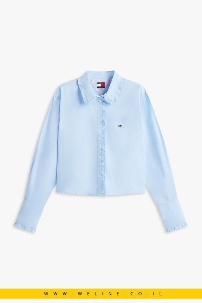 חולצת נשים Tommy Jeans Relaxed Fit Ruffle Poplin – צבע תכלת בהיר - WELINE.CO.IL