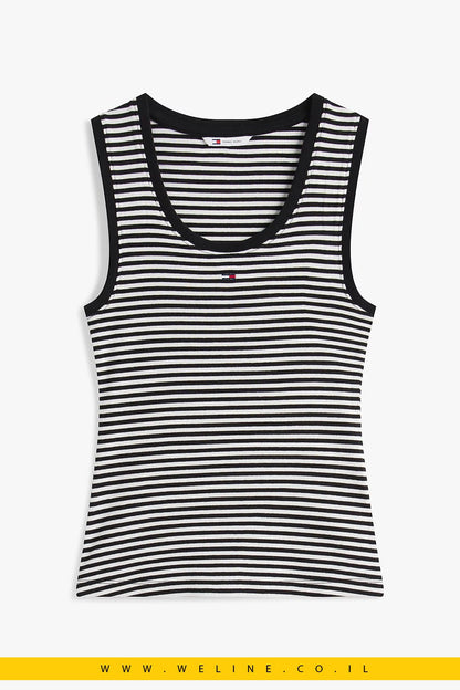 גופיית נשים Tommy Jeans Ribbed Scoop Neck Slim Tank Top – פסים שחור / אקרו | דגם - WELINE.CO.IL