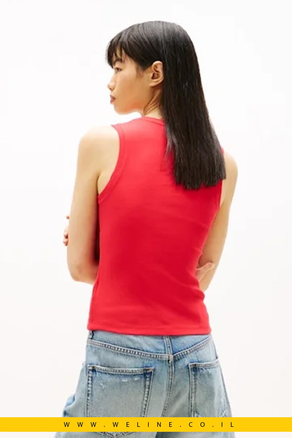 גופיית נשים TOMMY JEANS Ribbed Slim Tank Top – אדום - WELINE.CO.IL